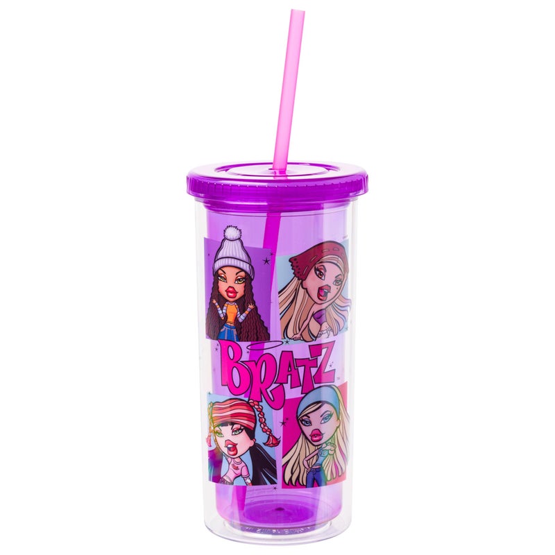 Silver Buffalo Bratz Grid Featuring Cloe Yasmin Jade and Sasha Plastic Tall Cold Cup with Lid and Straw 20 Ounces