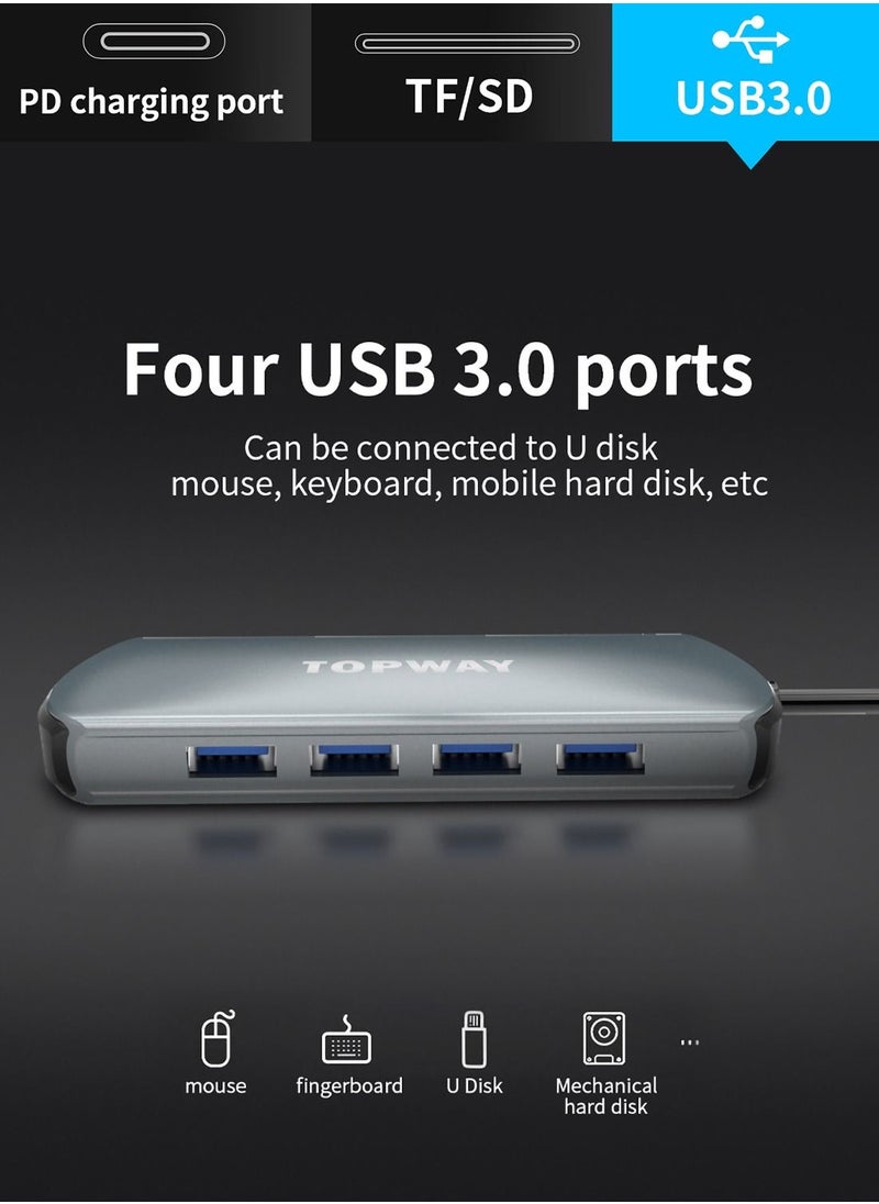 TOPWAY USB C Hub,7 In 1 Type C Adapter With 4 USB 3.0 Ports,1 PD Quick Charge Port,SD & TF Card Slots  - Image 3