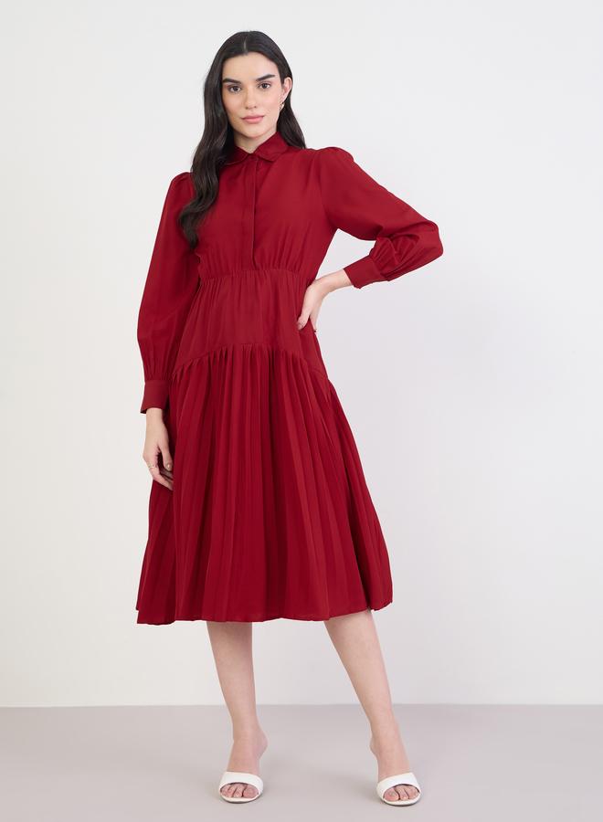 Styli Red Pleated Buttoned Midi Shirt Dress - Image 1
