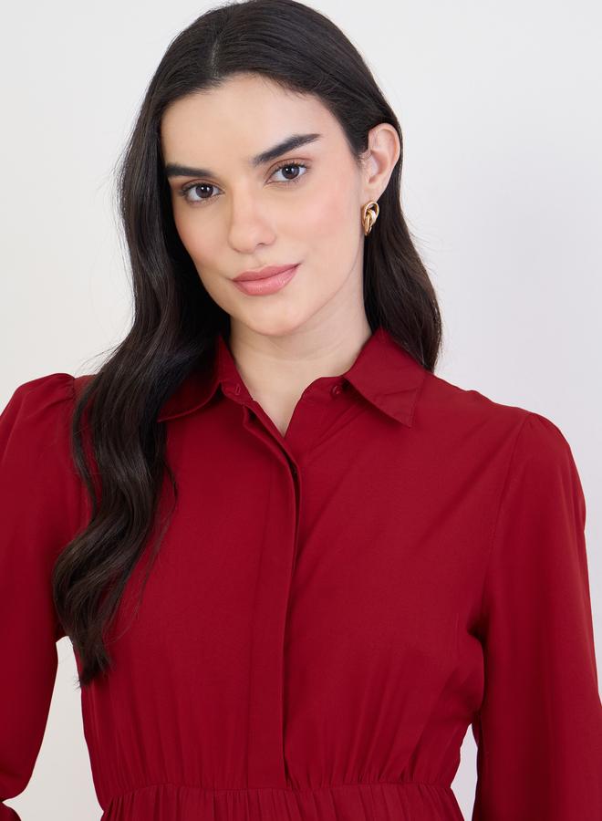 Styli Red Pleated Buttoned Midi Shirt Dress - Image 4