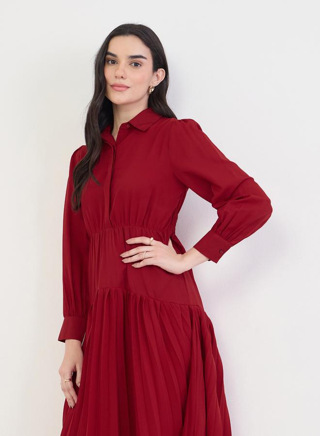 Styli Red Pleated Buttoned Midi Shirt Dress - Image 3