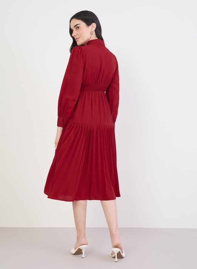 Styli Red Pleated Buttoned Midi Shirt Dress - Image 5