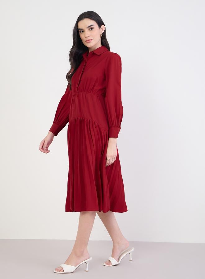 Styli Red Pleated Buttoned Midi Shirt Dress - Image 2