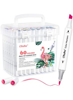 Ohuhu Ohuhu Markers Brush Chisel Tip: Water-Based 60 Colors Double Tipped Art Markers for Adults Coloring Books Kids Calligraphy Drawing Sketching Bullet Journal with 1 Colorless Blender and Case  - Image 1