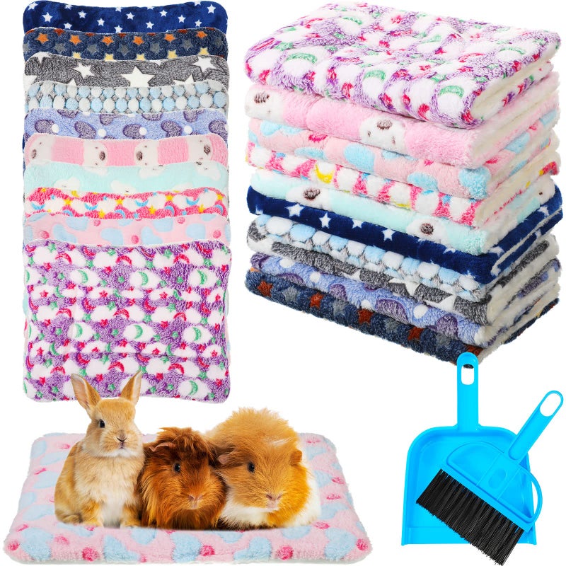 Tudomro 10 Pcs Guinea Pig Bed Mat with Cleaning Dustpan Brush 15" x 11" Animal Bedding Fleece Bunny Sleeping Pad for Small Dogs Cats Rats Hedgehogs Ferrets Hamster Indoor (Heart Star) - Image 1