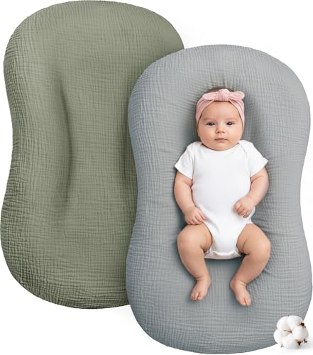 Pro Goleem Muslin Baby Lounger Cover 2 Pack Cotton Soft Breathable Infant Nest Slipcovers Envelope Closure Compatible with Snuggle MeLoungers Machine Washable Cover Only for Boys GirlsGray Green - Image 1