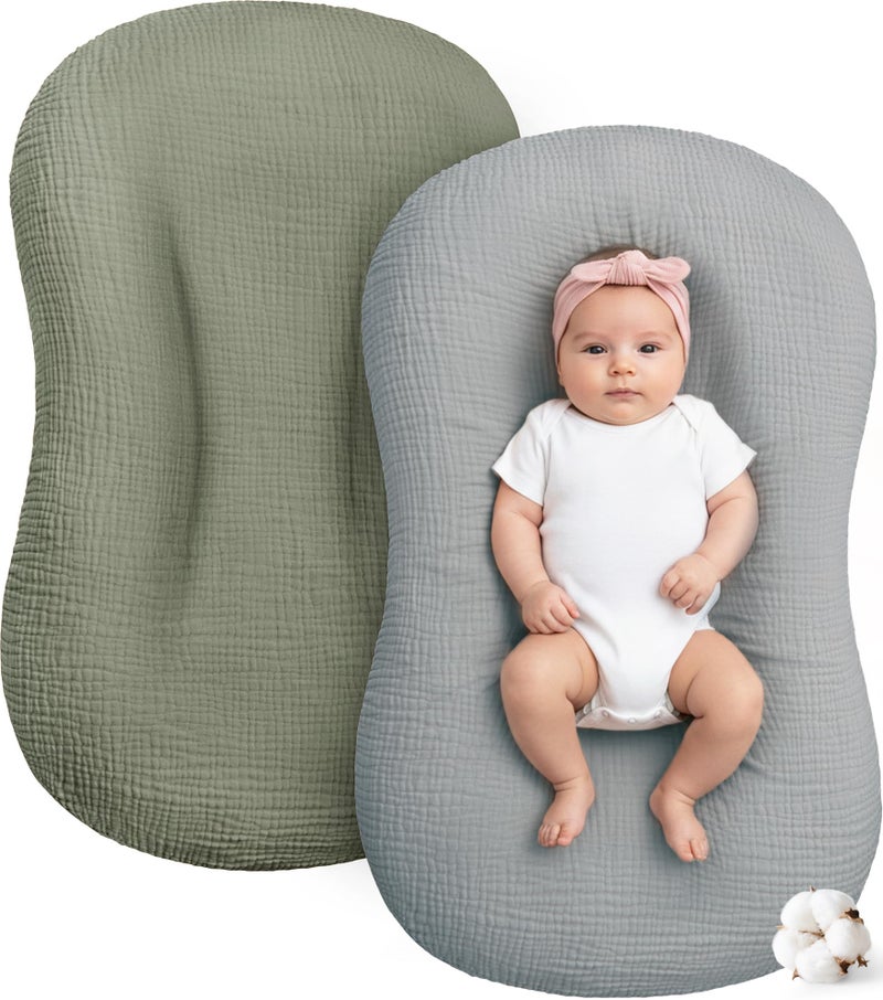 Pro Goleem Muslin Baby Lounger Cover 2 Pack Cotton Soft Breathable Infant Nest Slipcovers Envelope Closure Compatible with Snuggle MeLoungers Machine Washable Cover Only for Boys GirlsGray Green - Image 2