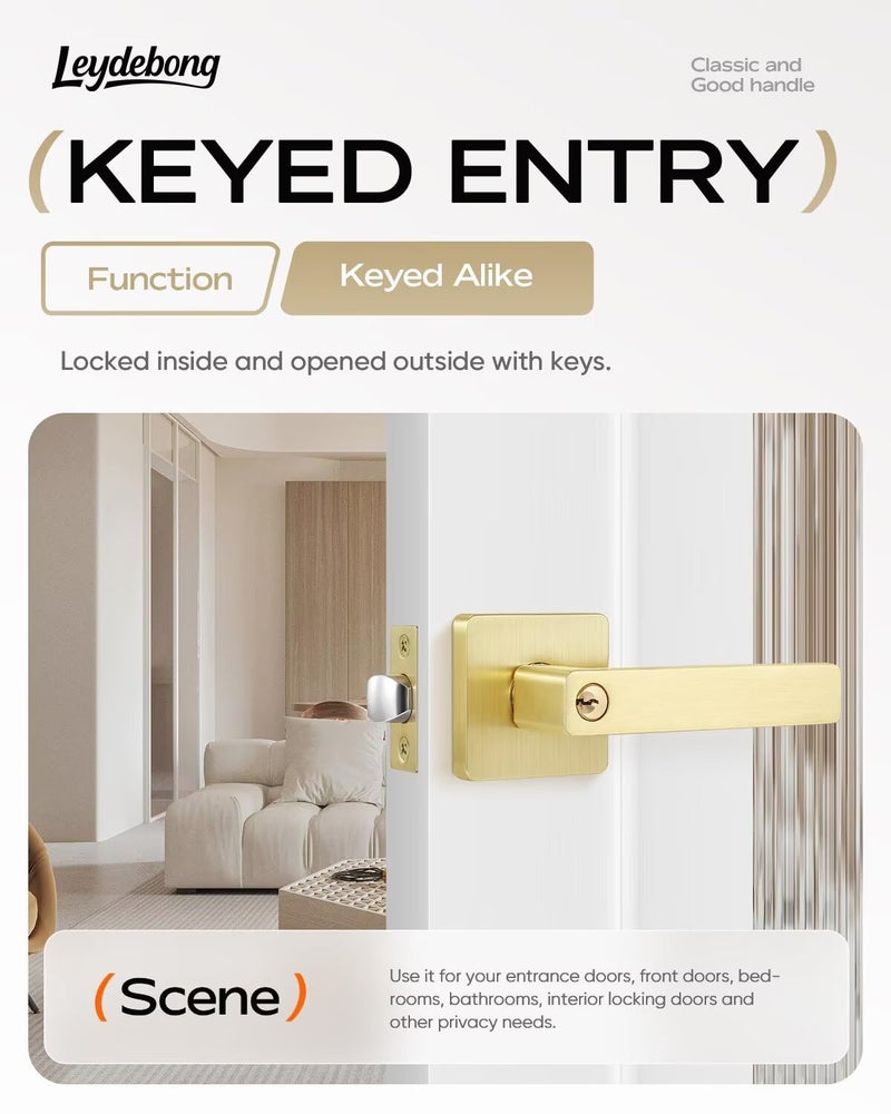 Leydebong 1 Pack Entry Door Lock with Keys, Gold Door Handles for Interior or Exterior Door Use, Heavy Duty Front Door Levers, Sleek Door Knobs - Image 2