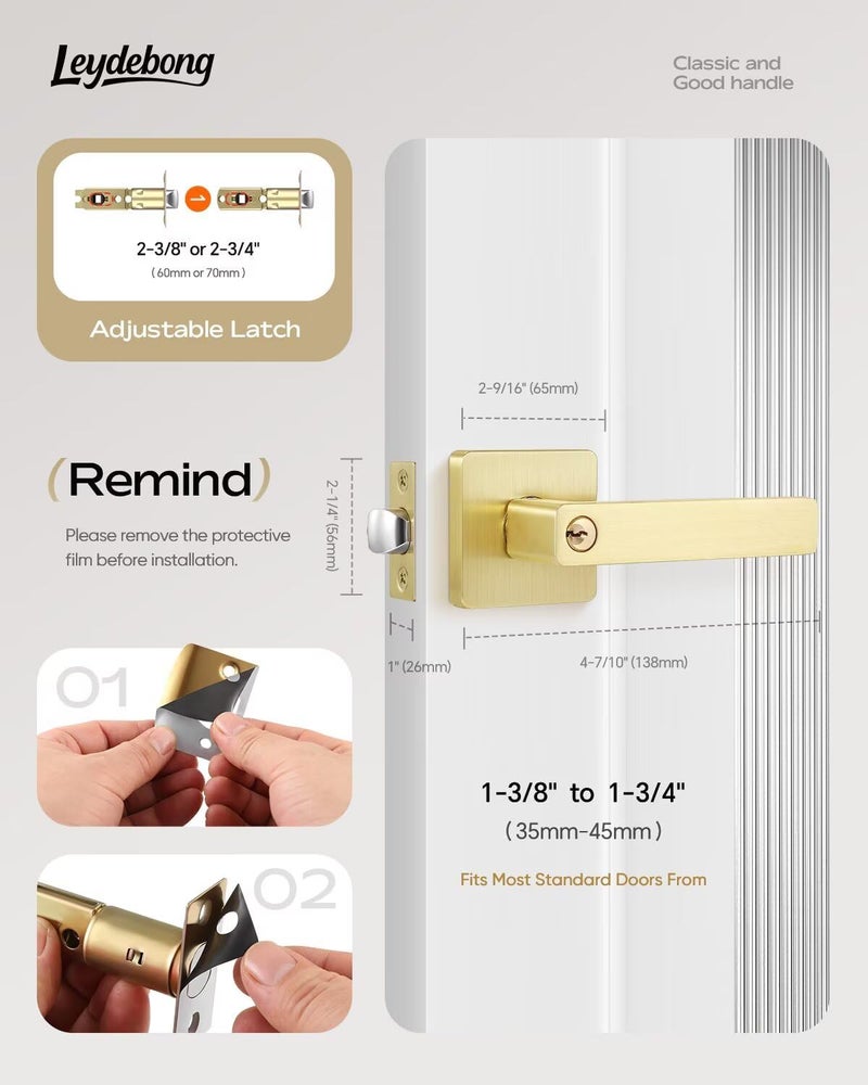 Leydebong 1 Pack Entry Door Lock with Keys, Gold Door Handles for Interior or Exterior Door Use, Heavy Duty Front Door Levers, Sleek Door Knobs - Image 5