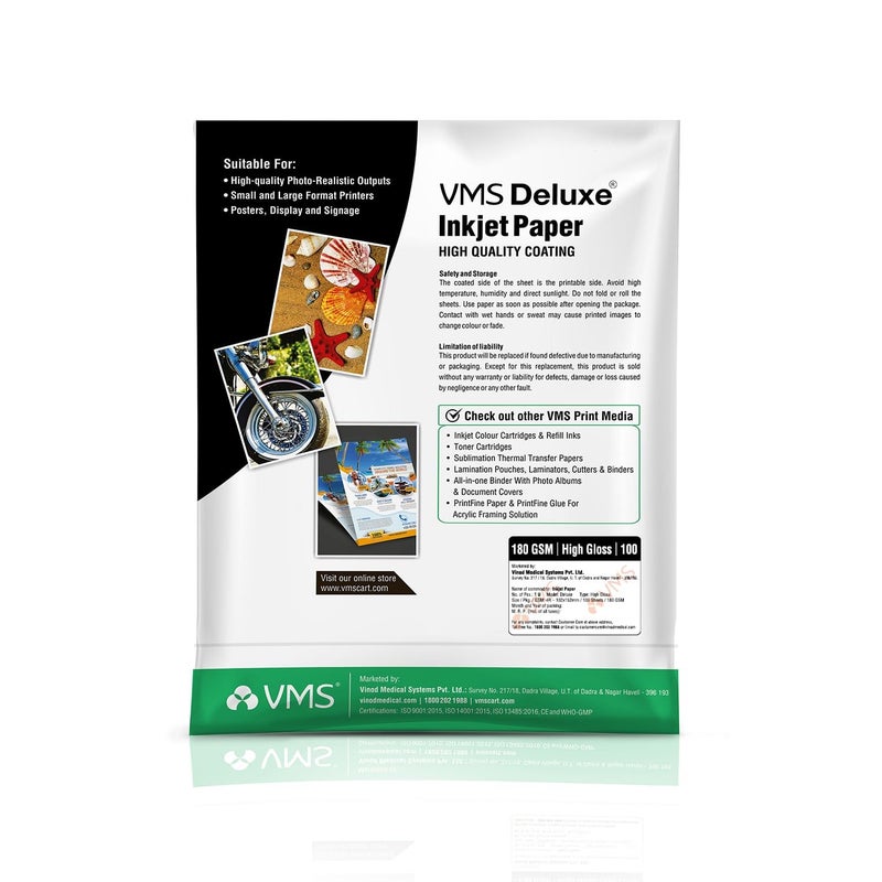VMS ورق صور لامع ديلوكس 180 GSM 4R (4x6) – مقاوم للماء، عبوة من 100 ورقة - Image 2