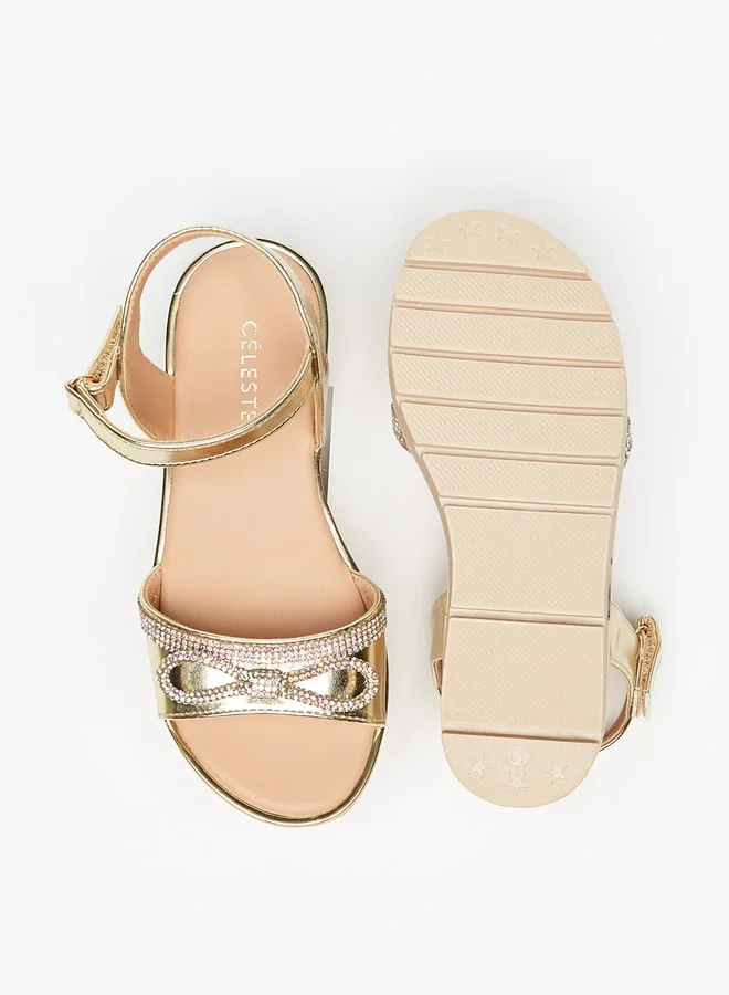 Celeste Girls' Bow Embellished Sandals with Hook and Loop Closure