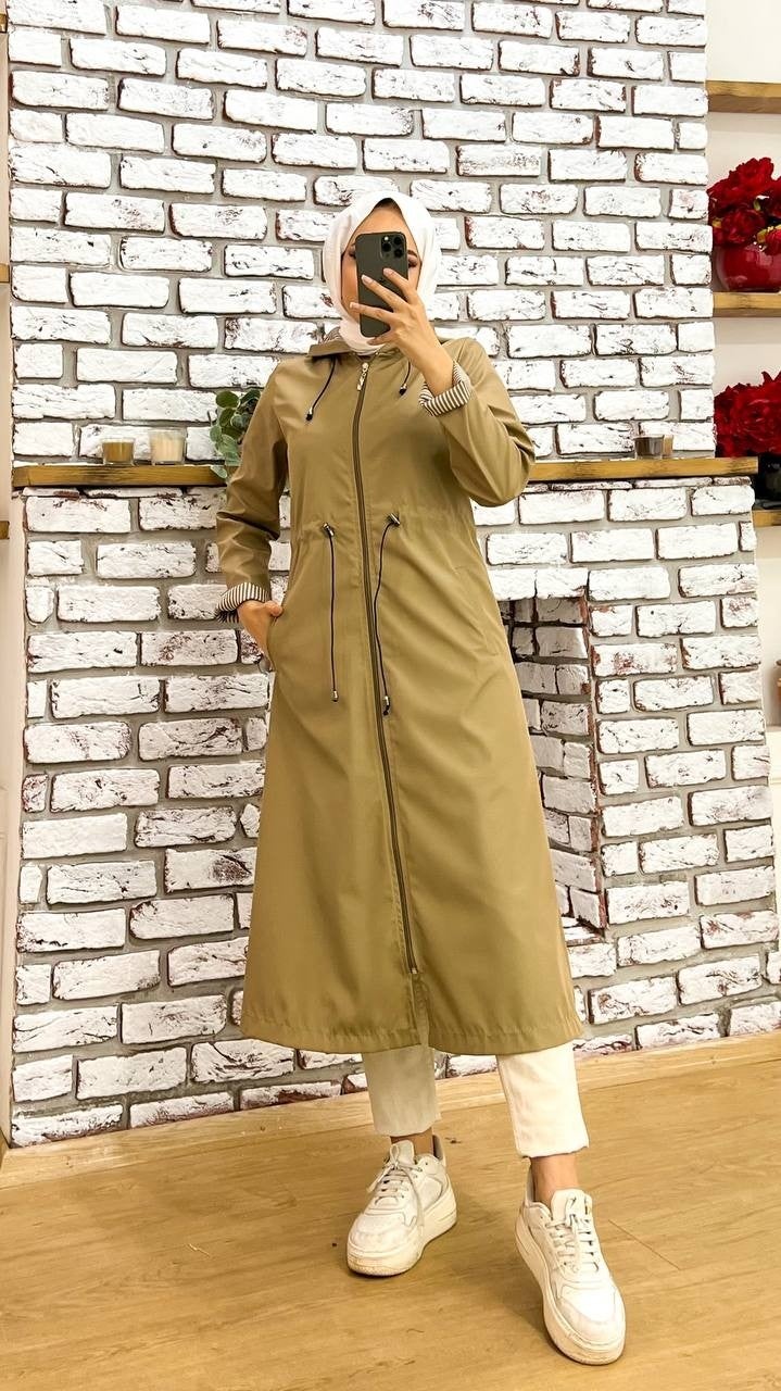 Marjinal City Marginal City Beige Striped and Self-Lined Waterproof Women's Trench Coat - Image 1