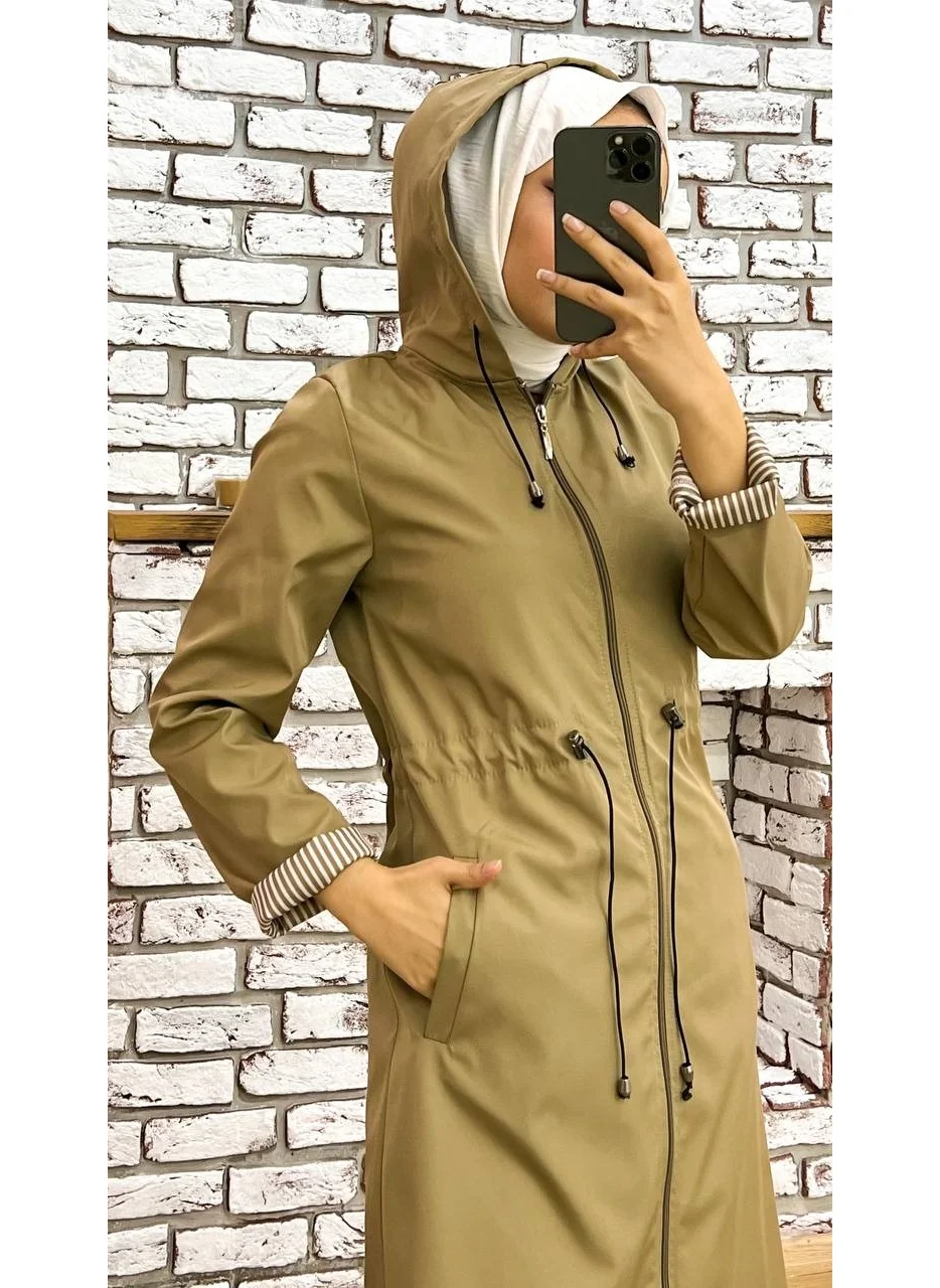 Marjinal City Marginal City Beige Striped and Self-Lined Waterproof Women's Trench Coat