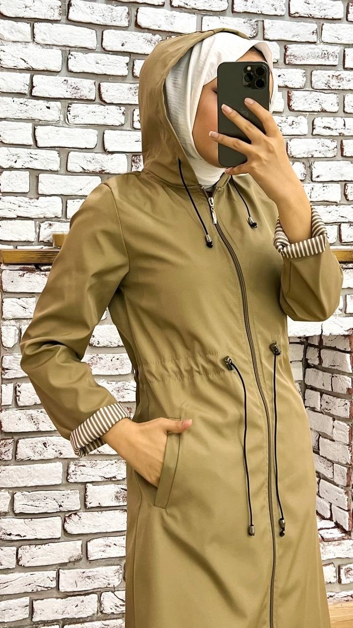 Marjinal City Marginal City Beige Striped and Self-Lined Waterproof Women's Trench Coat - Image 2