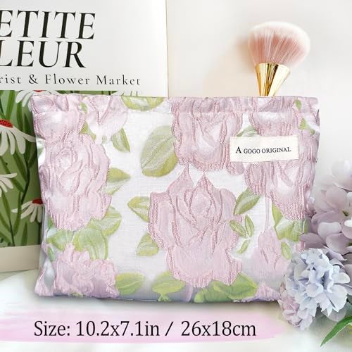 STARDW Aesthetic Floral Makeup Bag Cute Small Cosmetic Bags for Women Girls, Travel Toiletry Bag Large Capacity Zipper Makeup Pouch, Purse Organizer Pouches (Embossed Rose) - Image 3