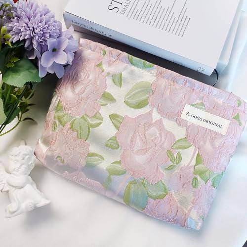 STARDW Aesthetic Floral Makeup Bag Cute Small Cosmetic Bags for Women Girls, Travel Toiletry Bag Large Capacity Zipper Makeup Pouch, Purse Organizer Pouches (Embossed Rose) - Image 2
