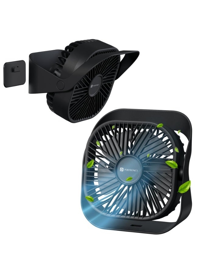 Portronics CoolCube Mini, 2-in-1 Desktop & Wall Fan, 2000mAh Battery, Type-C Charging, 360° Rotate with Pasteable Hook, 3 Speed Modes, BLDC Motor,Quiet Operation,3 Hour Playtime,Compact&Portable,Black - Image 1