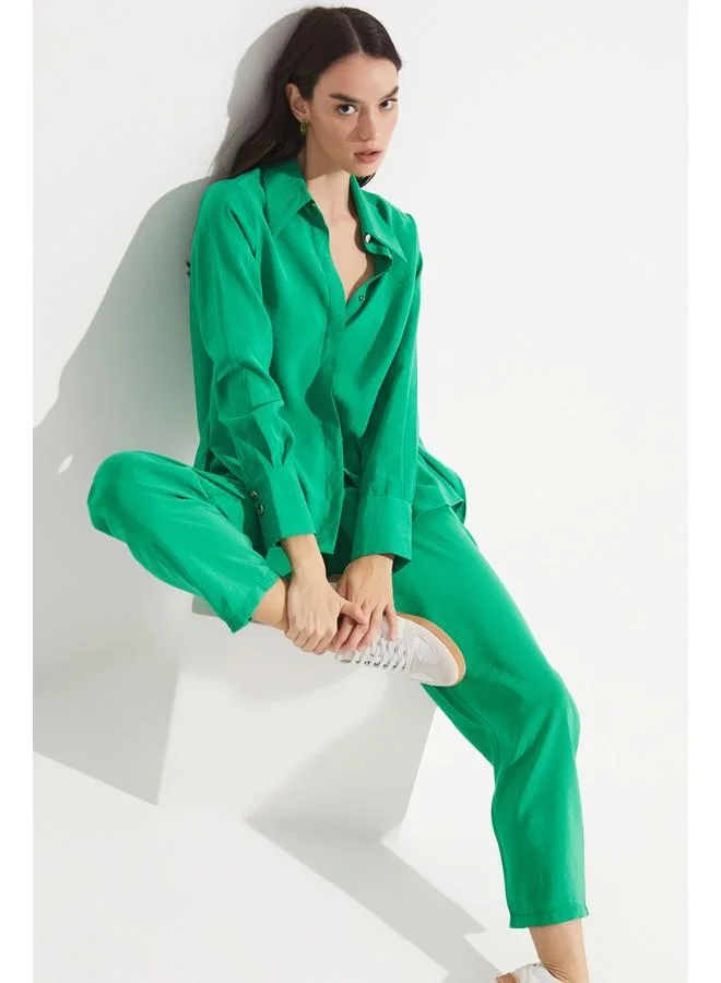 JUNE June Women Exclusive Elastic Waist Modal Blend Jogger Woven Trouser Dark Green