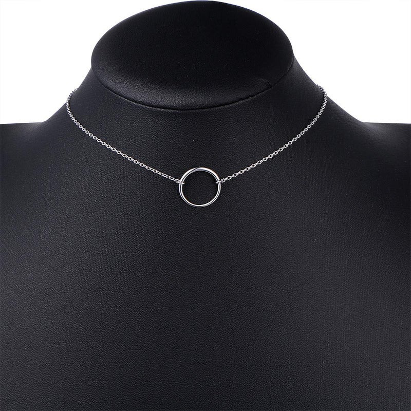 Ladytree S925 Sterling Silver Dainty Simple Circle Pendant Eternity Choker Necklace,Rolo Chain,13+3 inches - Image 2