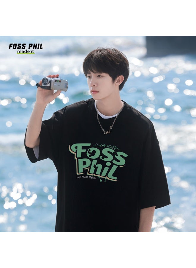 Foss Phil Short-sleeve T-shirt For Men And Women, Summer Lightweight Loose-fit Trendy Couple Undershirt Versatile Menswear Dt21 Black 2XL - Image 2