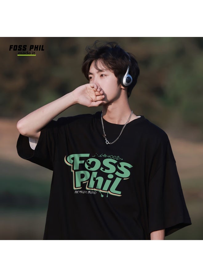 Foss Phil Short-sleeve T-shirt For Men And Women, Summer Lightweight Loose-fit Trendy Couple Undershirt Versatile Menswear Dt21 Black 2XL - Image 1