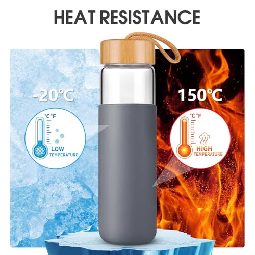 Yomious 20 Oz Borosilicate Glass Water Bottles with Silicone Sleeve BPA Free, Dishwasher Safe - Reusable Clear Glass Drinking with Leak Proof Bamboo Lid | Perfect Gym Water Bottles for Men & Women - Image 5