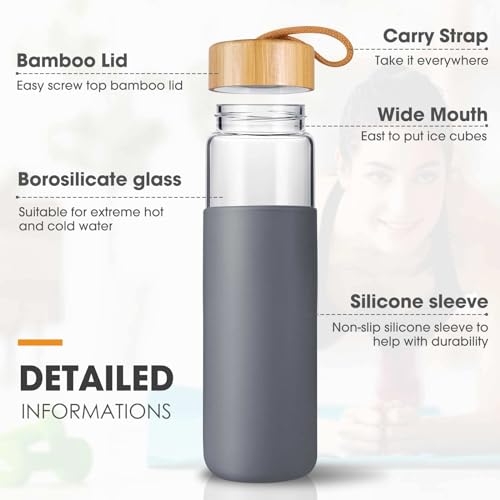 Yomious 20 Oz Borosilicate Glass Water Bottles with Silicone Sleeve BPA Free, Dishwasher Safe - Reusable Clear Glass Drinking with Leak Proof Bamboo Lid | Perfect Gym Water Bottles for Men & Women - Image 3