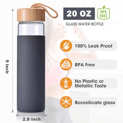 Yomious 20 Oz Borosilicate Glass Water Bottles with Silicone Sleeve BPA Free, Dishwasher Safe - Reusable Clear Glass Drinking with Leak Proof Bamboo Lid | Perfect Gym Water Bottles for Men & Women - Image 2