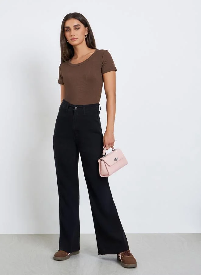 Styli Women Brown Ribbed Knit Short Sleeve Top