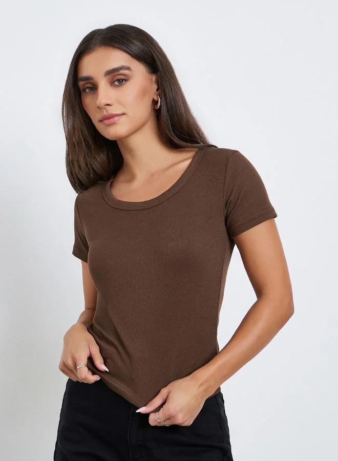 Styli Women Brown Ribbed Knit Short Sleeve Top