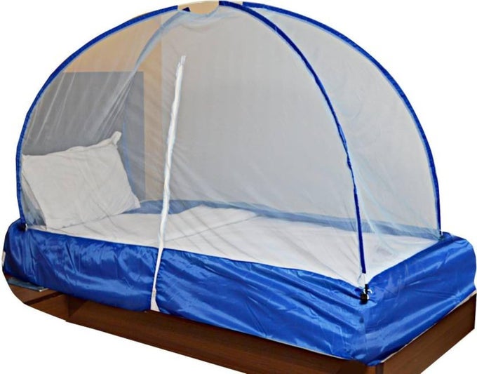 SINGLE BED FOLDABLE MOSQUITO NET 6X3 FEET 30GSM DURABLE POLYESTER MESH PVCCOATED CORROSIONRESISTANT STEEL WIRE PORTABLE LIGHTWEIGHT BLUE