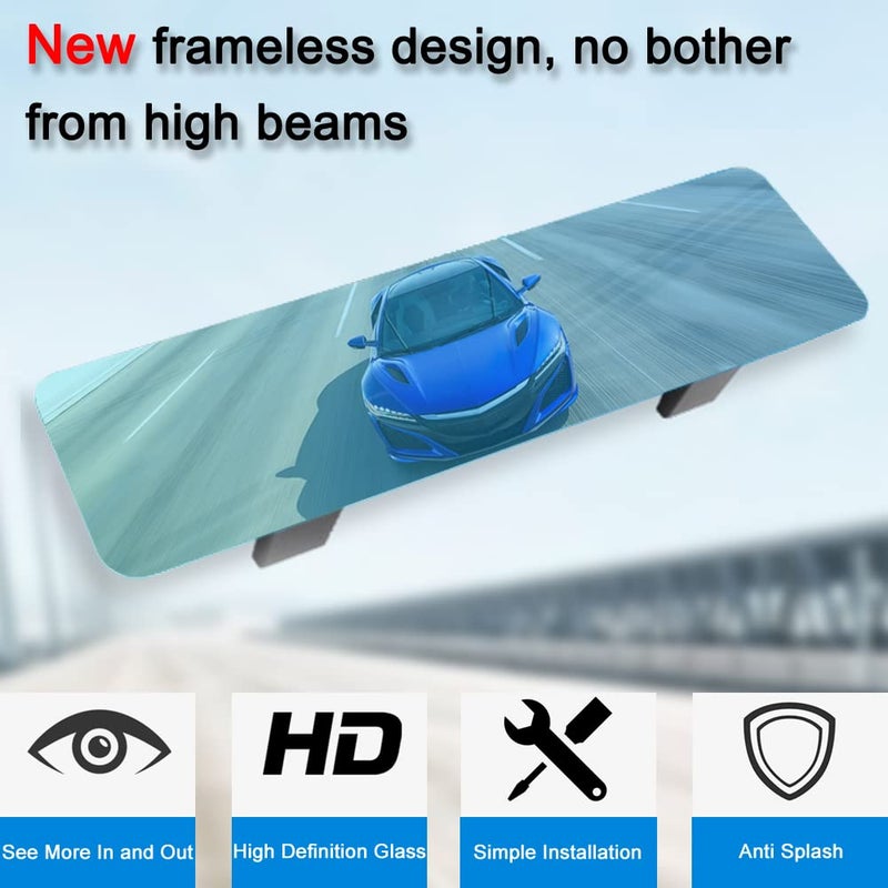 SkycropHD Frameless Anti Glare Rear View Mirror Interior Panoramic Wide Angle Mirror Eliminate Blind Spots for Car SUV Truck - Flat,11.8in (Blue) - Image 2