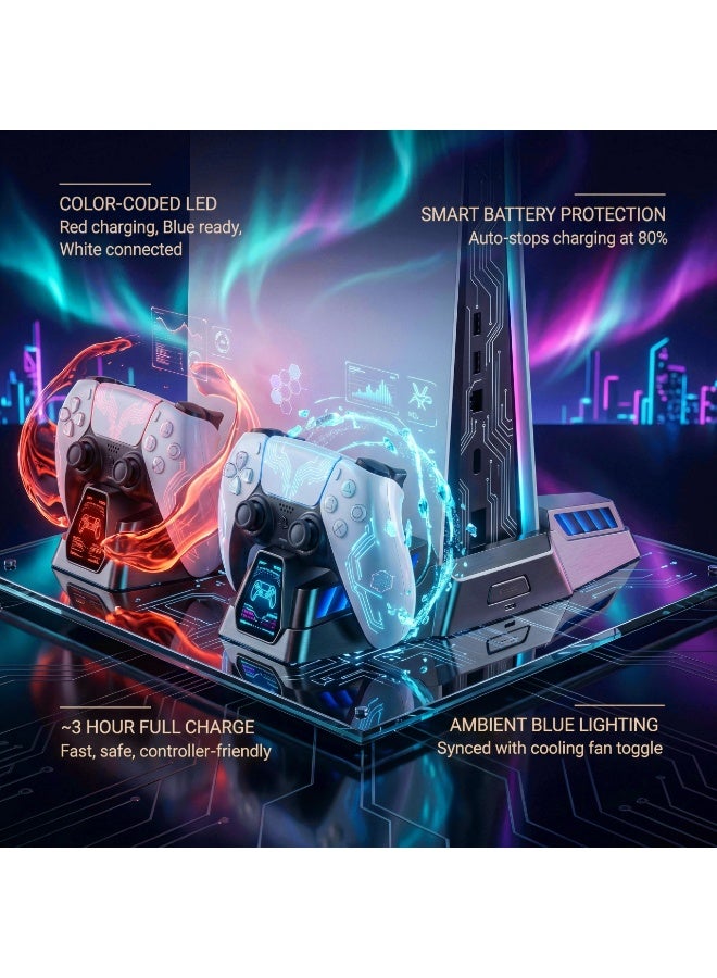 دوبي قاعدة مروحة DOBE Premium 7 في 1 لأجهزة PS5 Pro وPS5 Slim وPS5، مروحة تبريد عمودية، قاعدة شحن DualSense مزدوجة، مساحة تخزين أقراص، إضاءة LED محيطية، متوافقة مع جميع أجيال PS5 - Image 5