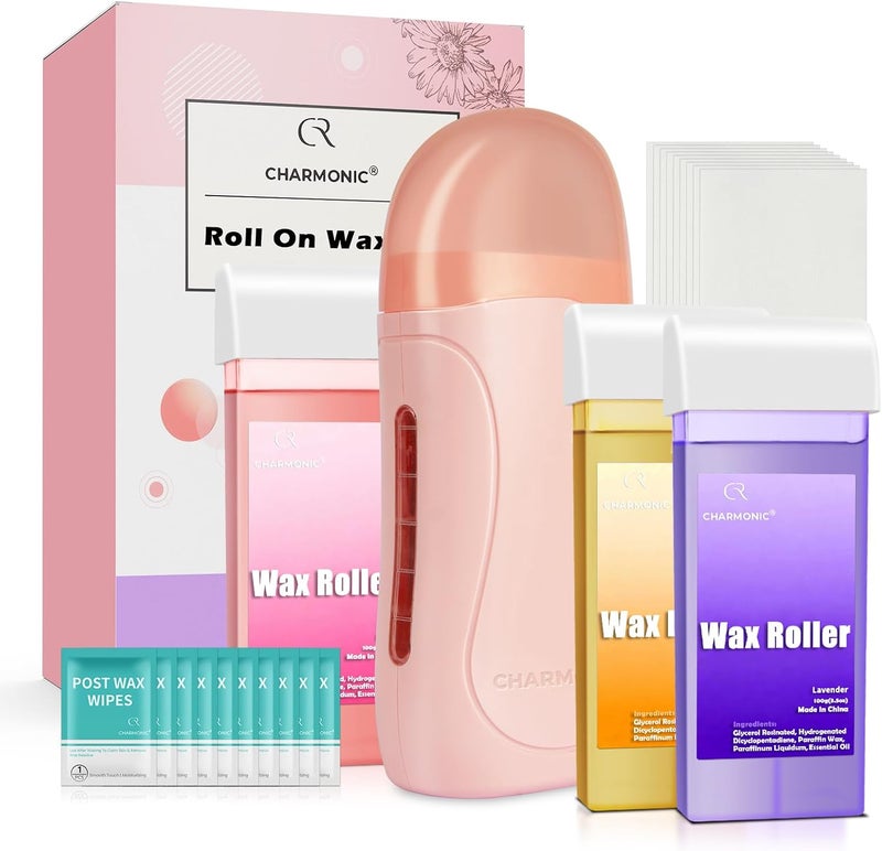 Charmonic Roll On Wax Kit, Portable Wax Roller Kit for Coarse/Fine Hair Removal, Beginners Waxing Roller for All Skin Types with 3 Pcs 100g Roll Cartridge, 100 Non-Woven Strips & 10 After Oil Wipes (F1_Pink) Classic design alternatives - Image 1