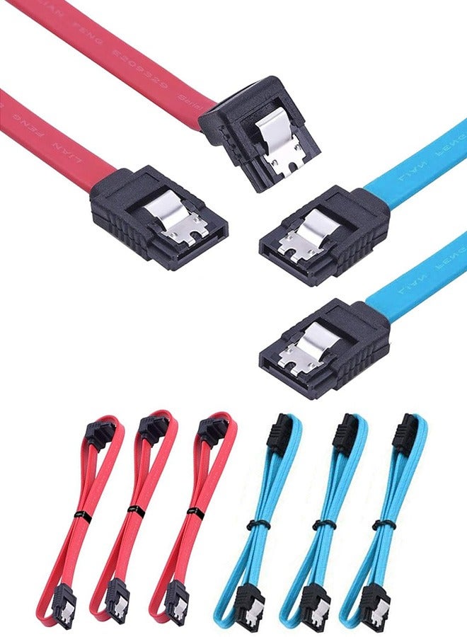 بشكل مختصر [حزمة من 6 قطع] كابل SATA III 3.0، (3 مستقيمة + 3 بزاوية) 19 بوصة/50 سم SATA III 6.0 جيجابت في الثانية 7 سنون مستقيمة/بزاوية قائمة HDD SSD Cd Driver، كابل بيانات Cd Writer مع مزلاج قفل (3 أزرق، 3 أحمر) - Image 1