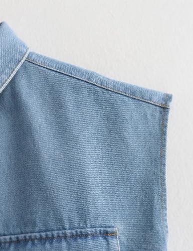 Perbai Womens Cropped Button Down Shirt Summer Collared Sleeveless Loose Denim Top with Pockets(Green-S) - Image 3