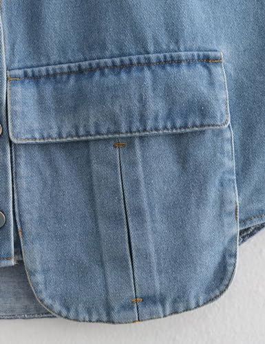 Perbai Womens Cropped Button Down Shirt Summer Collared Sleeveless Loose Denim Top with Pockets(Green-S) - Image 4
