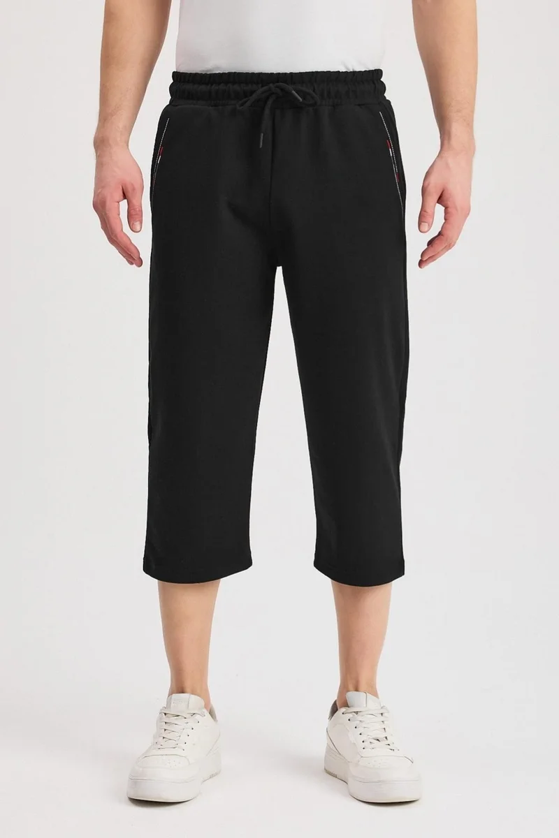 mmetalic Men's Black Bermuda Below Knee Capri Long Shorts with Side Pockets and Adjustable Elastic Waist