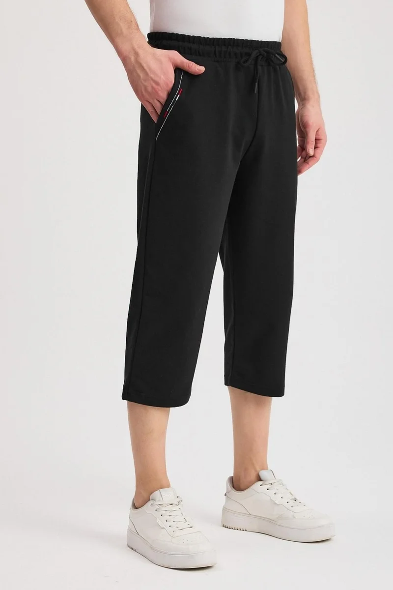 mmetalic Men's Black Bermuda Below Knee Capri Long Shorts with Side Pockets and Adjustable Elastic Waist
