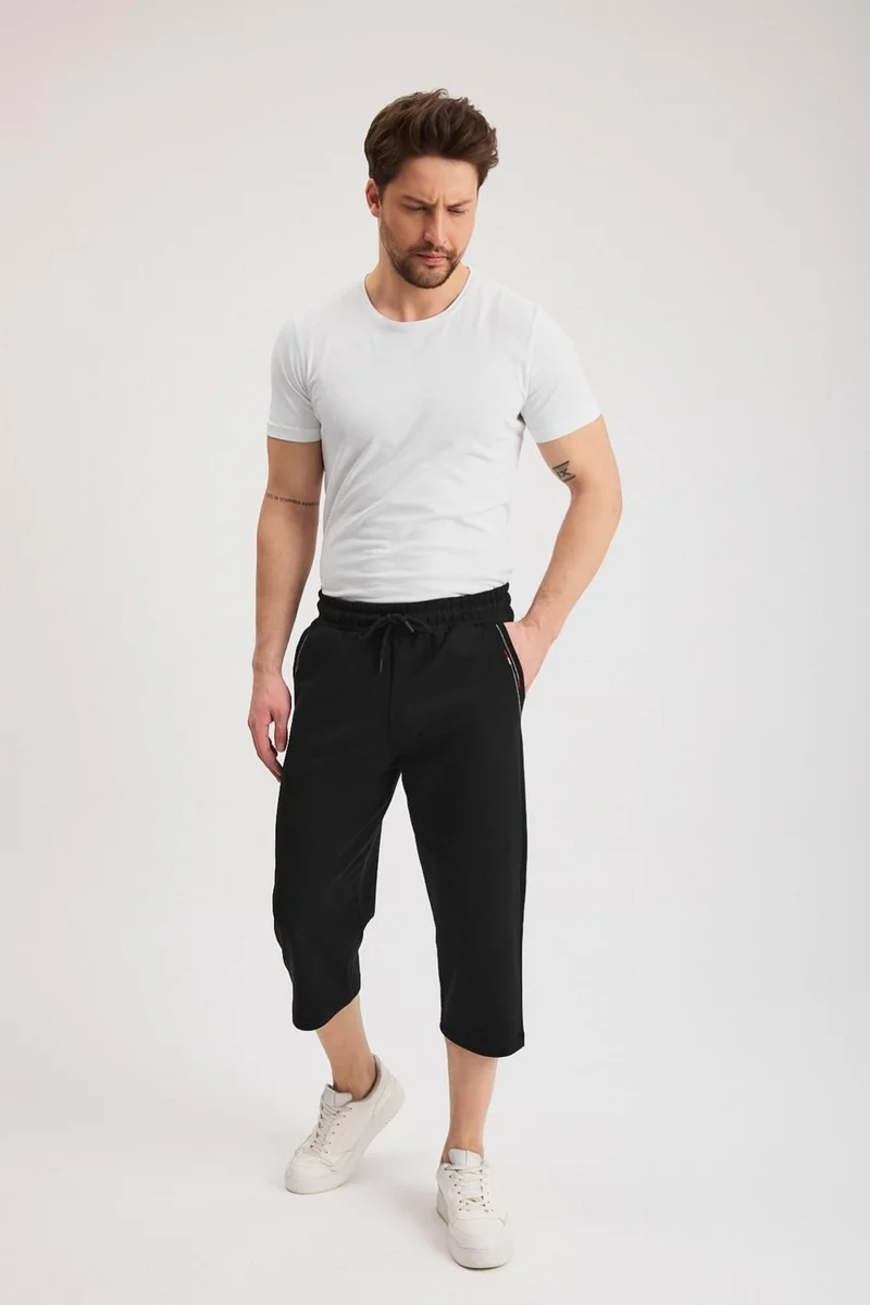 mmetalic Men's Black Bermuda Below Knee Capri Long Shorts with Side Pockets and Adjustable Elastic Waist