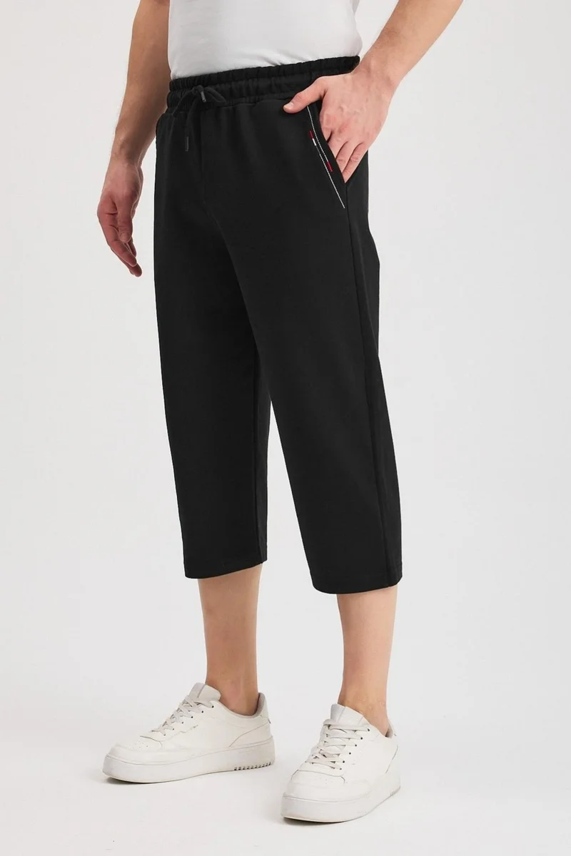 mmetalic Men's Black Bermuda Below Knee Capri Long Shorts with Side Pockets and Adjustable Elastic Waist