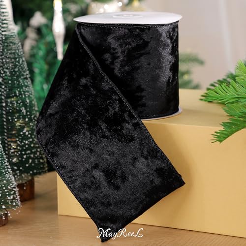 MAYREEL 4 Inch Black Crushed Velvet Ribbon Wired Extra Wide for Christmas Decorations Gift Wrapping Wreaths Tree Toppers 10 Yards - Image 5