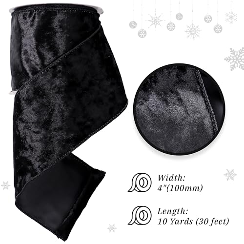 MAYREEL 4 Inch Black Crushed Velvet Ribbon Wired Extra Wide for Christmas Decorations Gift Wrapping Wreaths Tree Toppers 10 Yards - Image 2