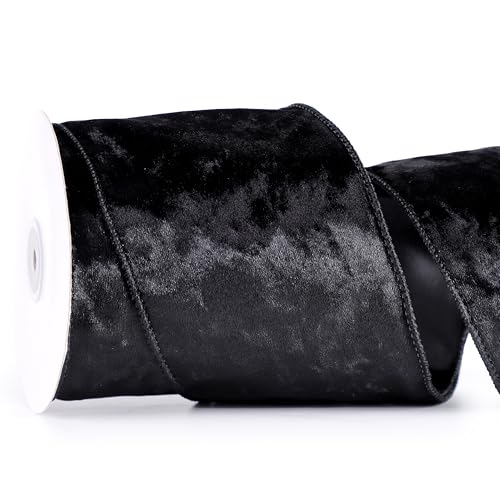 MAYREEL 4 Inch Black Crushed Velvet Ribbon Wired Extra Wide for Christmas Decorations Gift Wrapping Wreaths Tree Toppers 10 Yards - Image 1