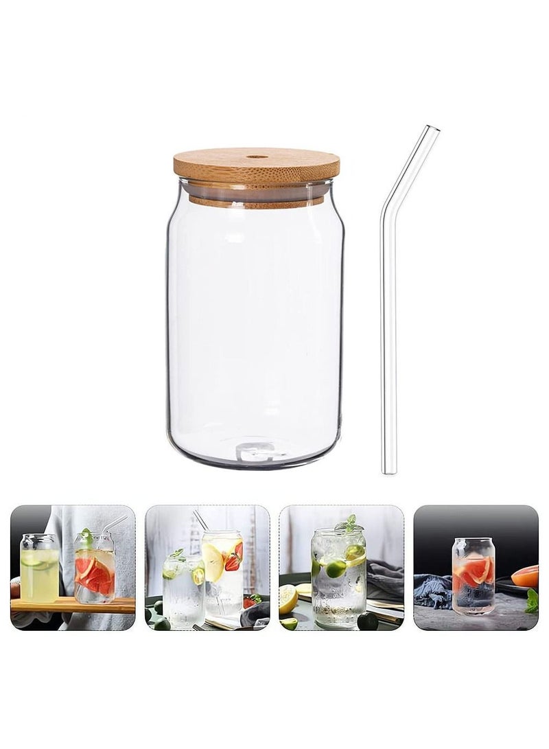 Glass Cans with Bamboo Cover, Can Shaped Cups Transparent Water Cup Juice Drink Drinking Straw for and Mixed Any Occasion ( 500 Ml ) - Image 1