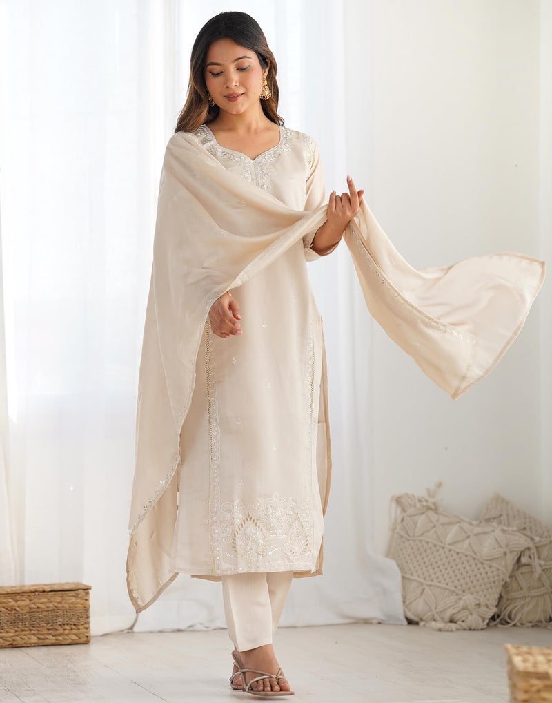 SIRIL Women's Rayon Sequence Embroidered Straight Kurta with Pant & Dupatta, kurti set for woman (235KBD2484A-M_Beige) - Image 5