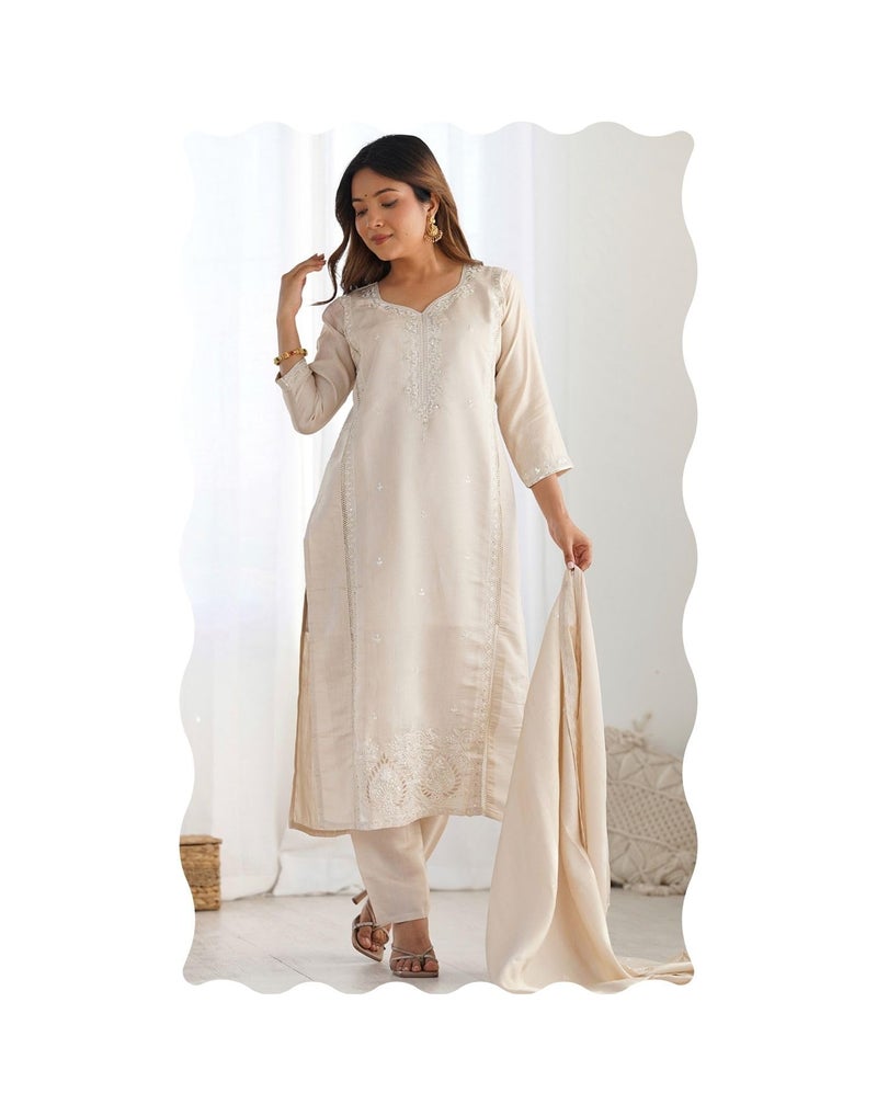 SIRIL Women's Rayon Sequence Embroidered Straight Kurta with Pant & Dupatta, kurti set for woman (235KBD2484A-M_Beige) - Image 1