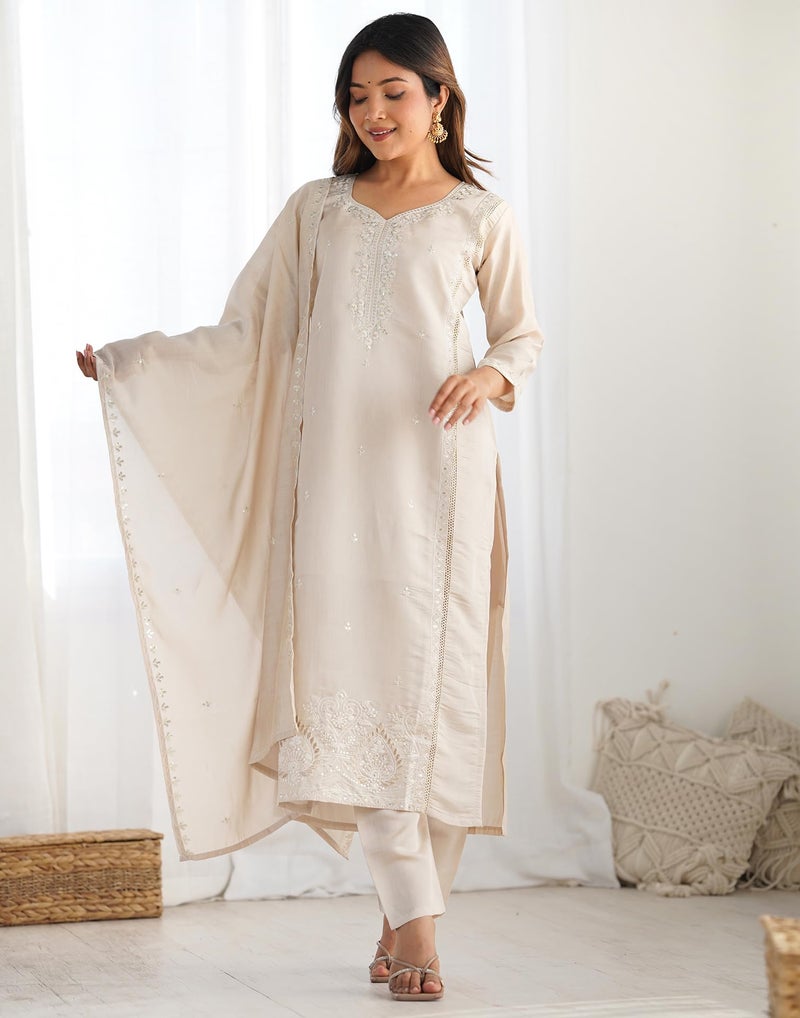 SIRIL Women's Rayon Sequence Embroidered Straight Kurta with Pant & Dupatta, kurti set for woman (235KBD2484A-M_Beige) - Image 4