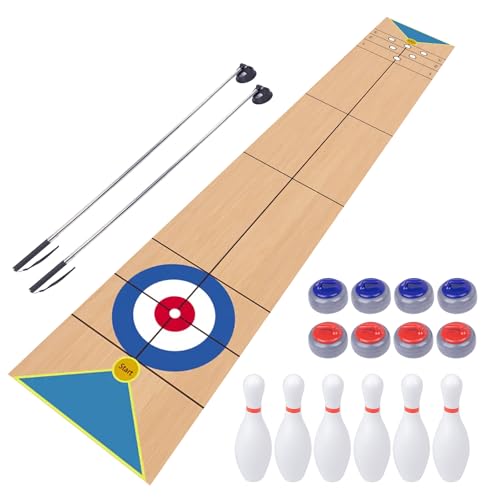 WodGod 898L Shuffleboard Curling and Bowling 3 in 1 Board Game Setwith 898 Foot Game Mat2 Cues8 Curling Rocks6 Bowling PinsFun Family Game - Image 1