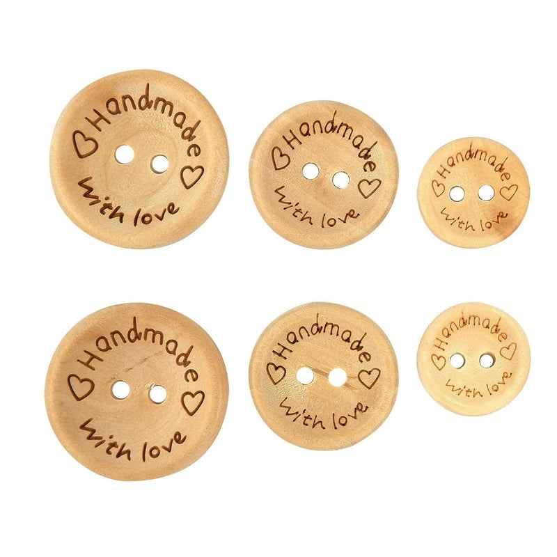 Handmade with Love Buttons 150 Pcs Round Wooden Craft Decor Buttons 2 Holes for 15mm20mm25mm Sewing